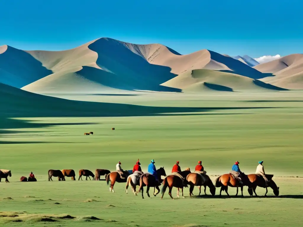 Retiros nómadas Mongolia experiencia auténtica: paisaje mongol con yurtas, pastores y montañas al fondo