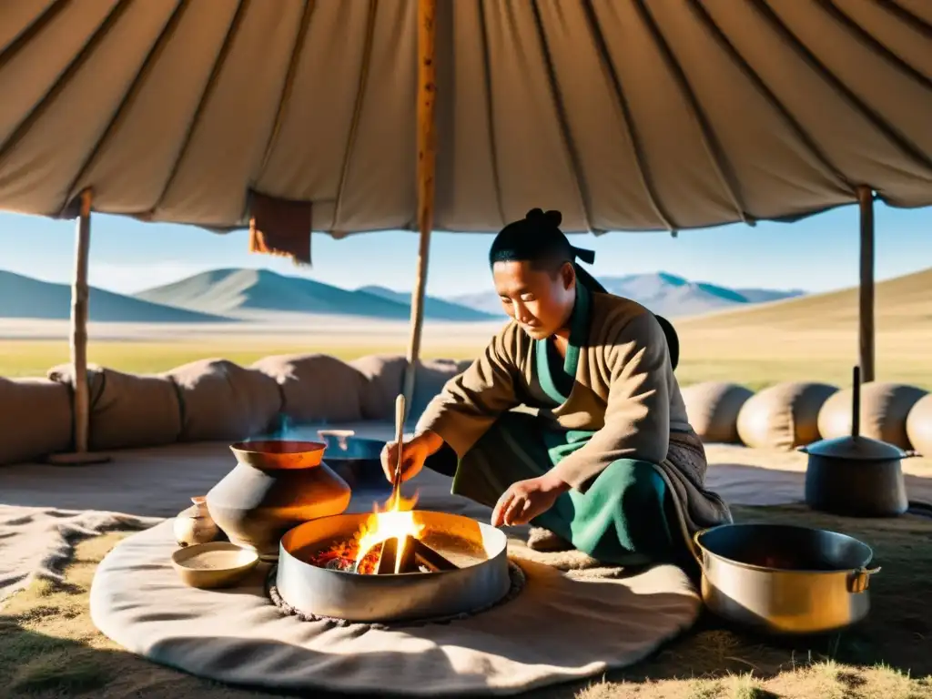 Retiros nómadas Mongolia experiencia auténtica: Nomada mongol preparando comida tradicional en yurta en la vasta estepa, rodeado de colinas y ganado