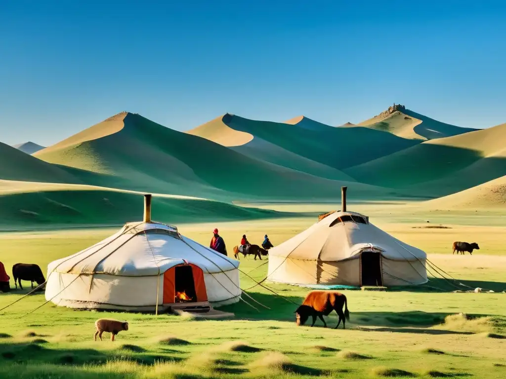 Retiros nómadas Mongolia experiencia auténtica: Vasta estepa mongola con yurta tradicional y familia nómada en armonía con la naturaleza y su cultura