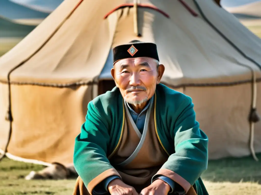 Retrato de un anciano mongol frente a su yurta, con la inmensa estepa mongola de fondo