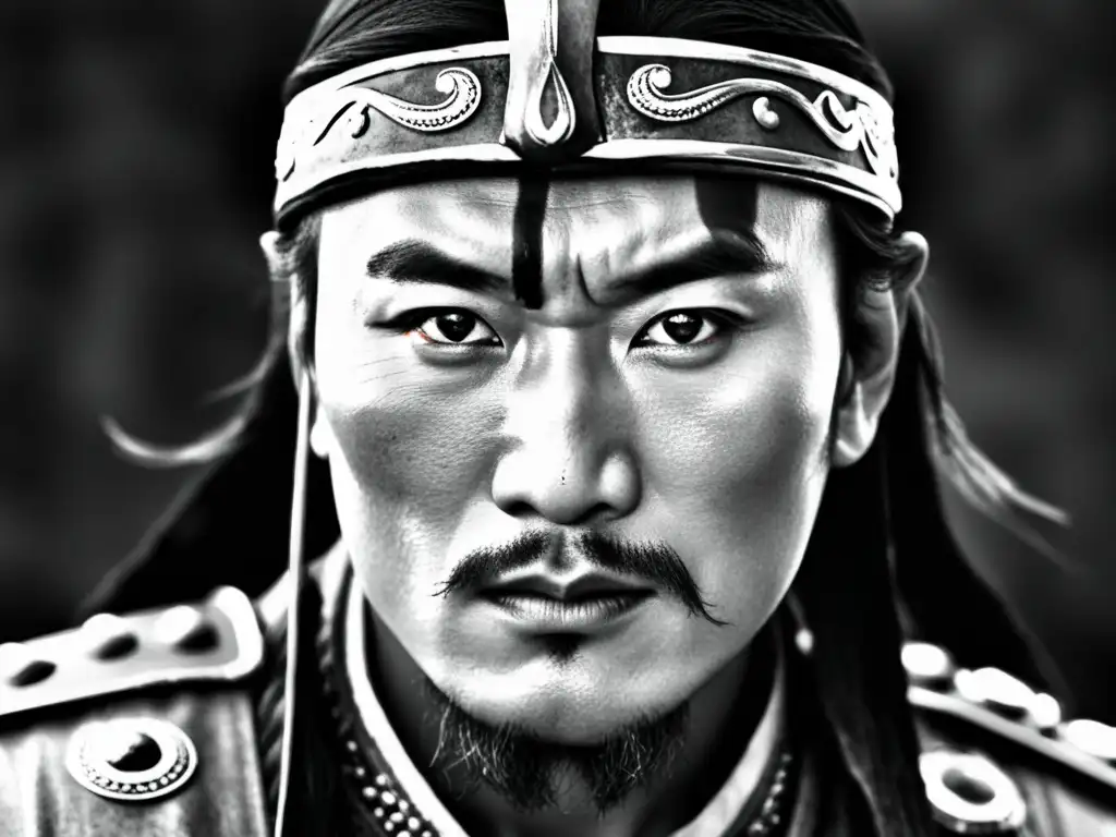 Retrato en blanco y negro de Genghis Khan en adaptaciones literarias