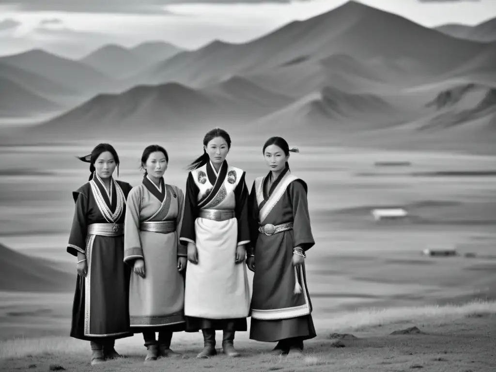 Un retrato en blanco y negro de mujeres mongoles vestidas con trajes tradicionales, mostrando determinación y fuerza en las vastas y áridas tierras de Mongolia