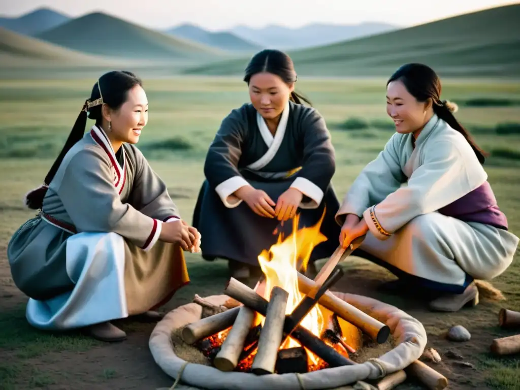 Un retrato en blanco y negro de mujeres mongoles en la estepa, realizando diversas tareas