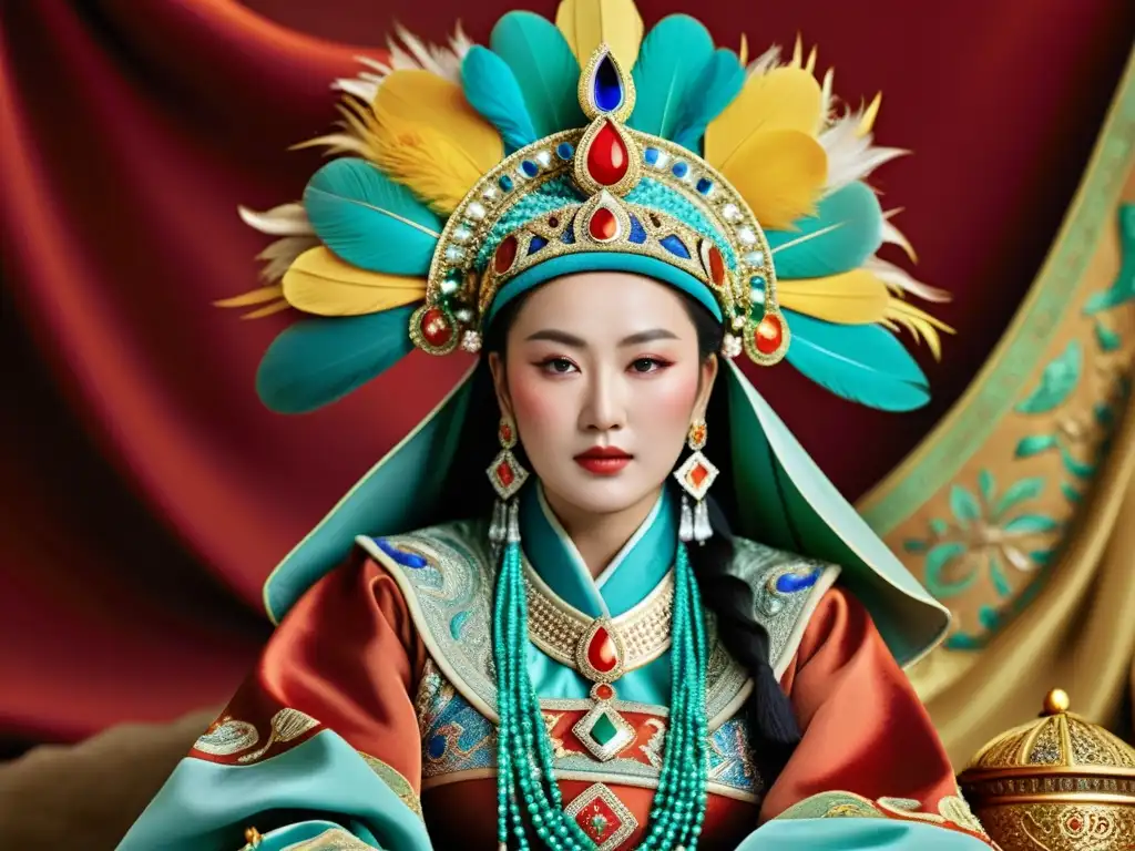 Retrato en 8k de Börte Ujin, primera emperatriz y esposa principal de Genghis Khan, en atuendo real mongol en la corte imperial