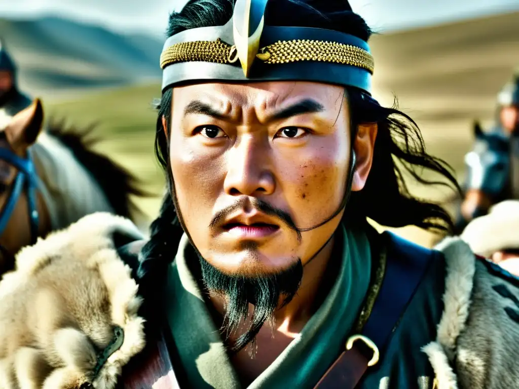 Retrato cinematográfico de Gengis Khan mostrando determinación en sus ojos mientras lidera a su ejército en batalla, capturando su impacto cultural