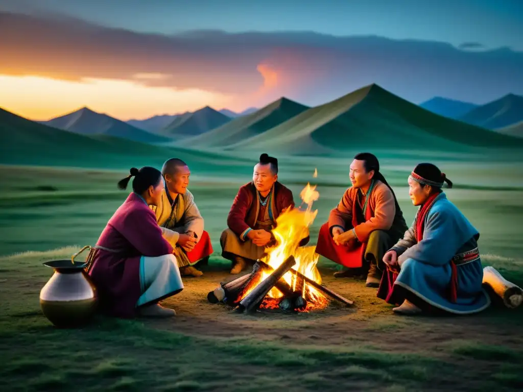 Nomadas Mongolos reunidos alrededor del fuego en la estepa Un retrato cinematográfico de la vida nómada en Mongolia, donde la tradición y la cultura se entrelazan con la modernidad