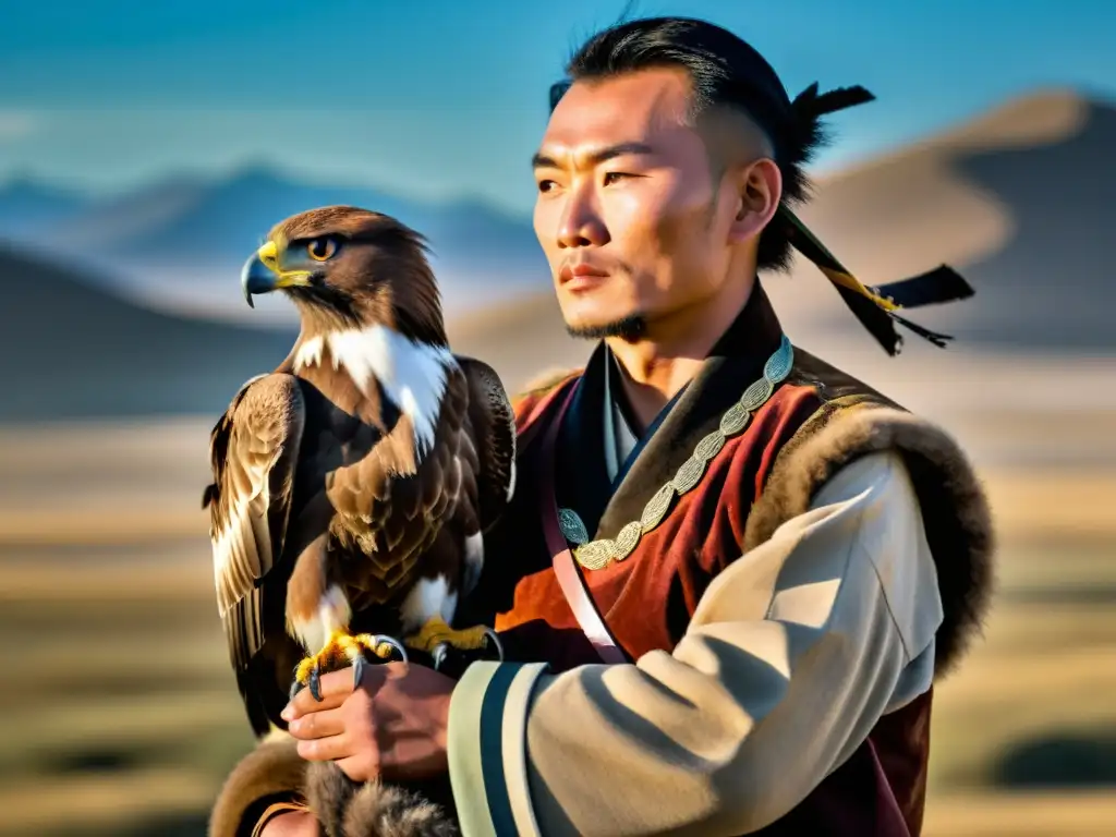 Un retrato conmovedor de un cetrero mongol con su águila dorada, reflejando la tradición y la conexión con la naturaleza salvaje de Mongolia