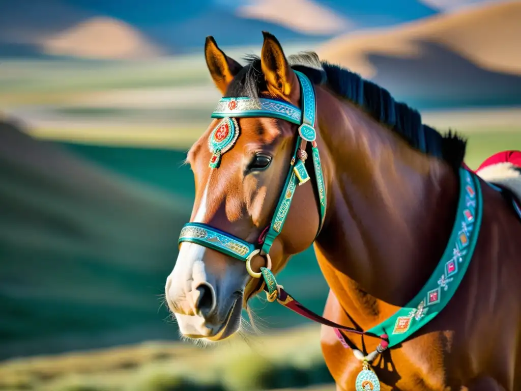 Un retrato detallado de un caballo mongol decorado con ornamentos elaborados