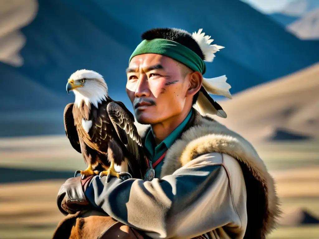 Un retrato detallado de un cazador de águilas mongol con su majestuoso pájaro posado en su brazo, en el paisaje vasto y agreste de Mongolia