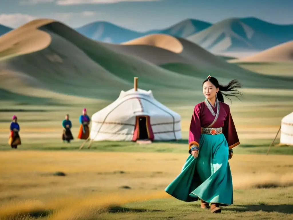 Un retrato detallado en 8k de un grupo de mujeres mongoles con trajes tradicionales, mostrando la vida y la fuerza de las mujeres en el Imperio Mongol