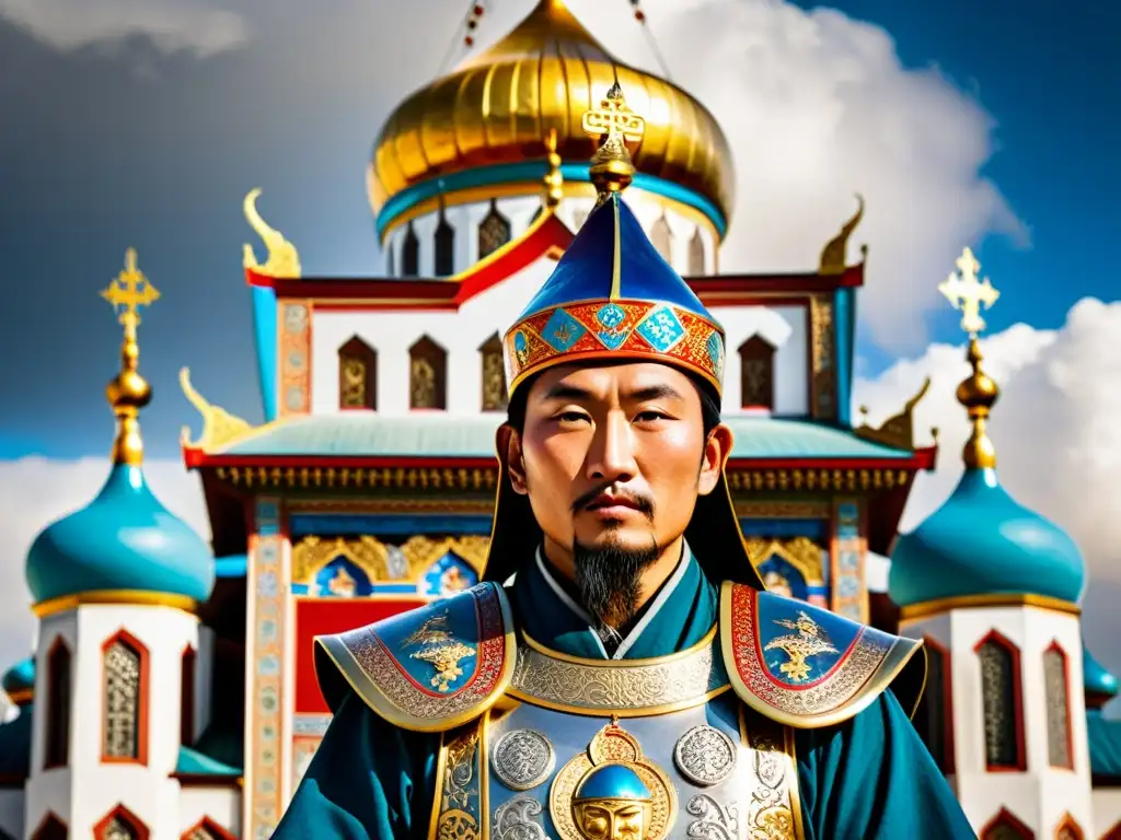 Retrato detallado de un guerrero mongol del siglo XIII frente a una majestuosa catedral ortodoxa, con cúpulas coloridas y tallas intrincadas