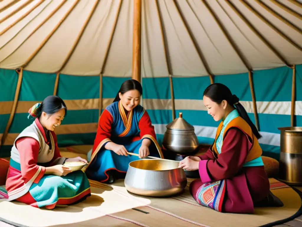 Un retrato detallado de mujeres en el Imperio Mongol, realizando actividades cotidianas dentro de una yurta adornada con patrones vibrantes