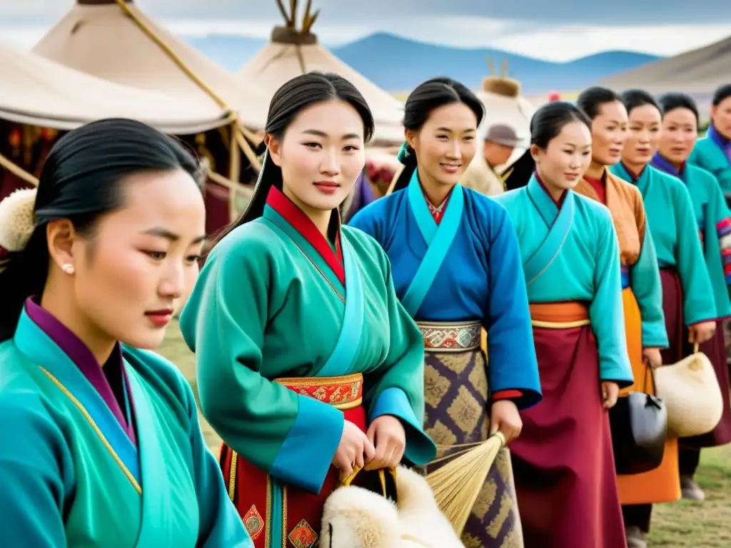 Un retrato detallado de mujeres mongoles en actividades económicas tradicionales, destacando su papel vital en el Imperio Mongol