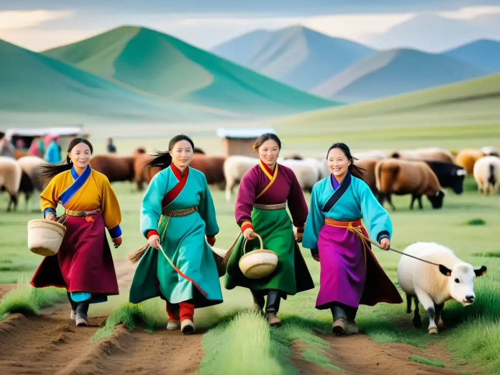 Un retrato detallado en 8k de mujeres mongoles participando en actividades económicas tradicionales como pastoreo, agricultura y comercio en un bullicioso mercado