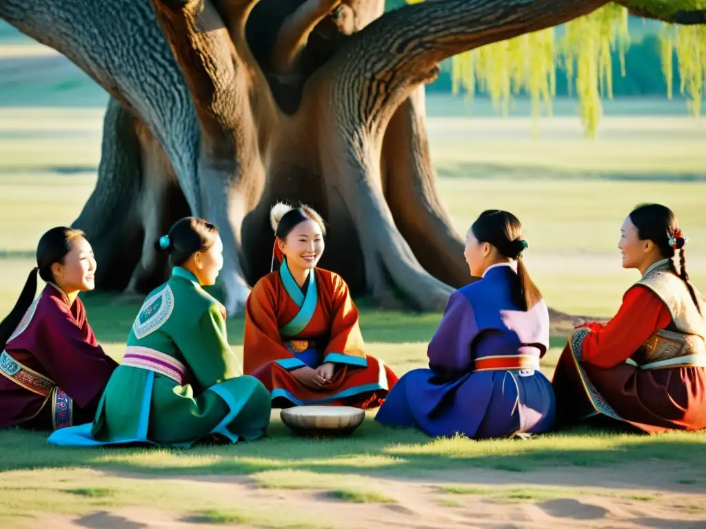 Un retrato detallado de mujeres mongoles vestidas con trajes tradicionales, reunidas bajo un árbol centenario, compartiendo en comunidad