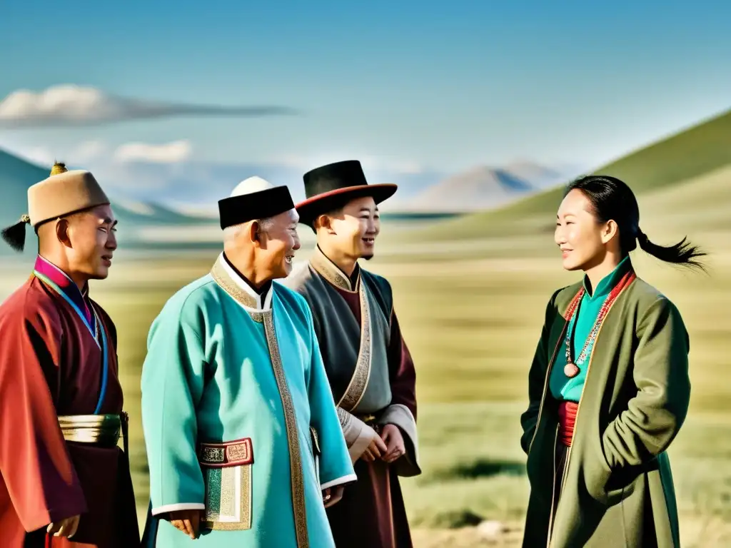 Un retrato documental de la diversidad lingüística del Imperio Mongol, con personas de todas las edades y géneros vestidas en atuendos tradicionales y modernos, conversando en las vastas estepas de Mongolia