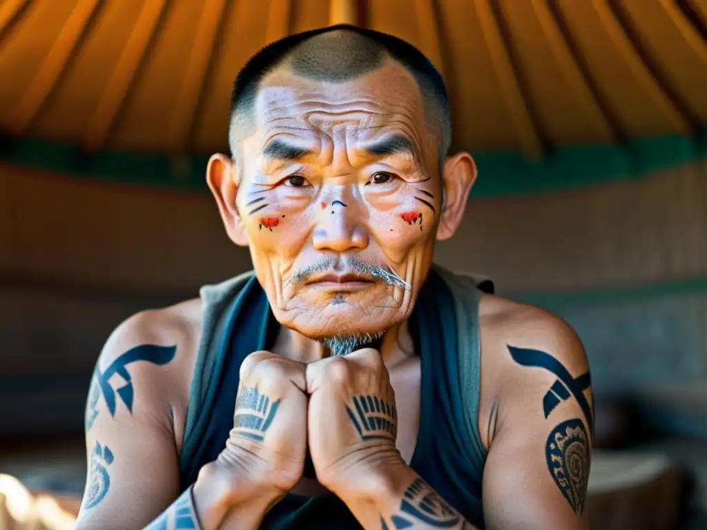 Un retrato documental en alta resolución de un anciano mongol con tatuajes tradicionales que representan el significado de la cultura mongola