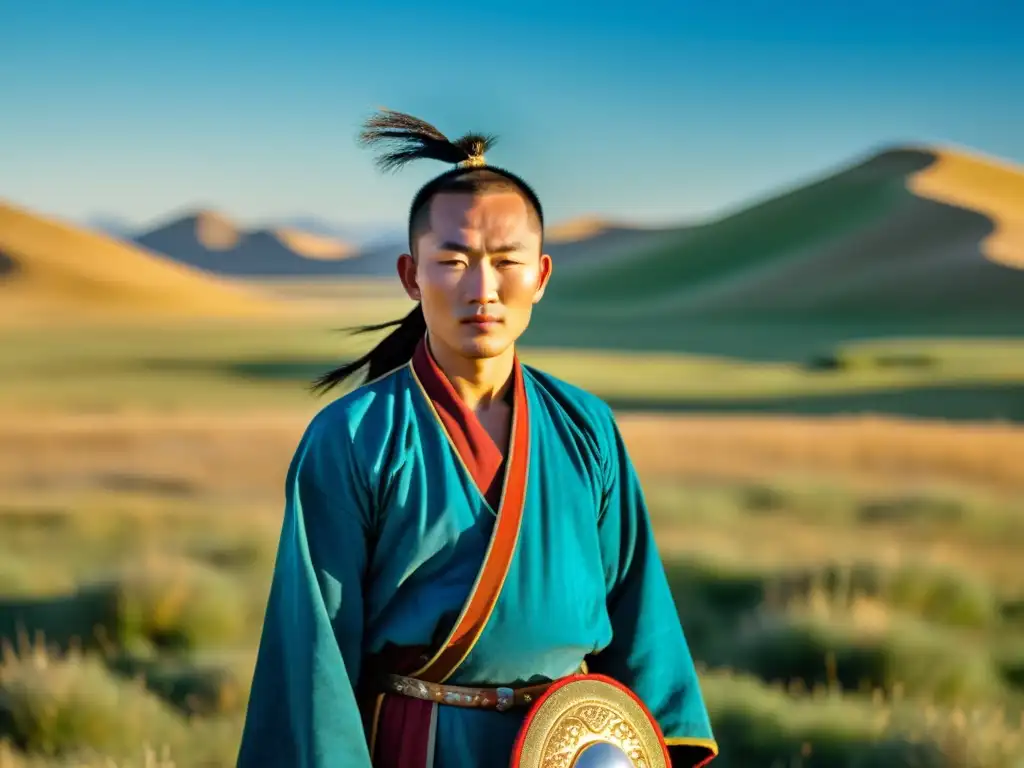 Un retrato espiritual de un nómada mongol en las extensas praderas, con una conexión profunda con la naturaleza