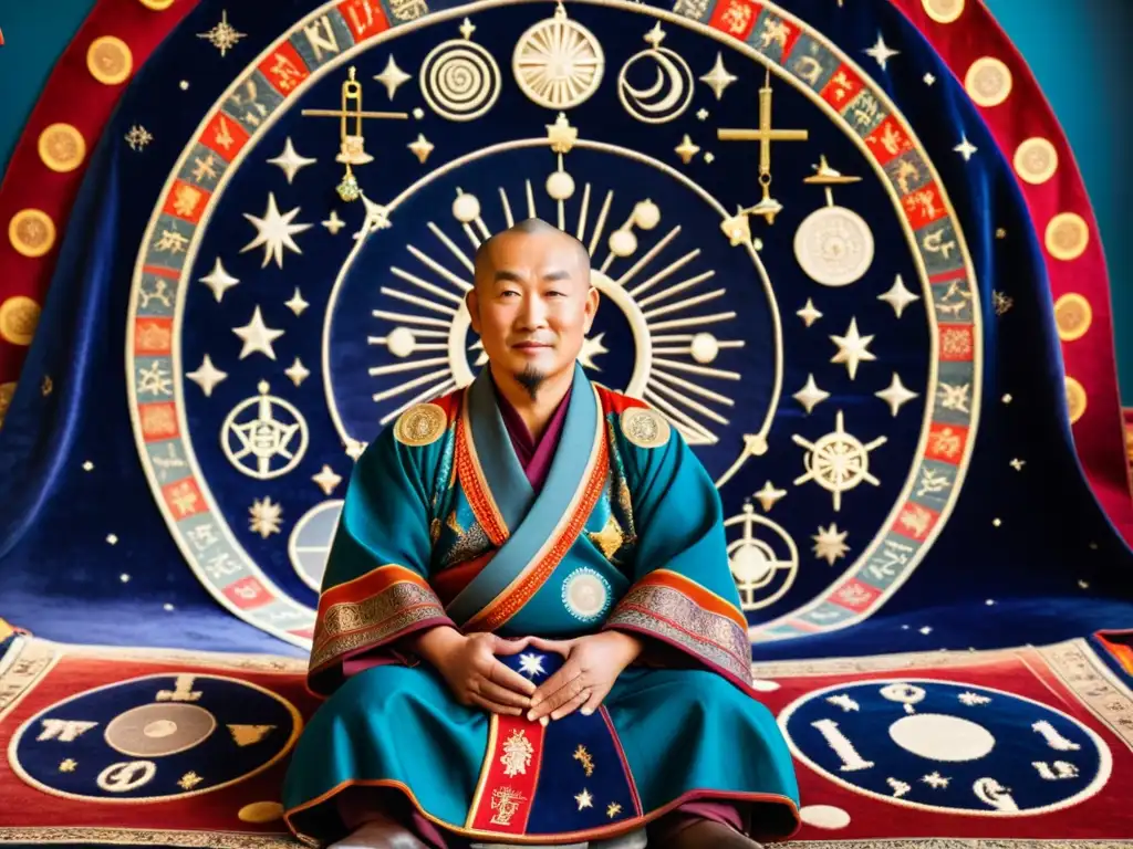 Un retrato hipnotizante de un astrólogo mongol rodeado de instrumentos antiguos y gráficos celestiales, con vestimenta ornamental en una alfombra vibrante