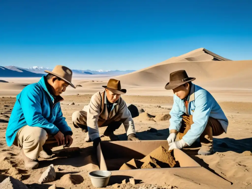 Un retrato impactante de arqueólogos que utilizan innovaciones tecnológicas en la excavación de artefactos en el desierto del Imperio Mongol, fusionando métodos tradicionales con tecnología de vanguardia