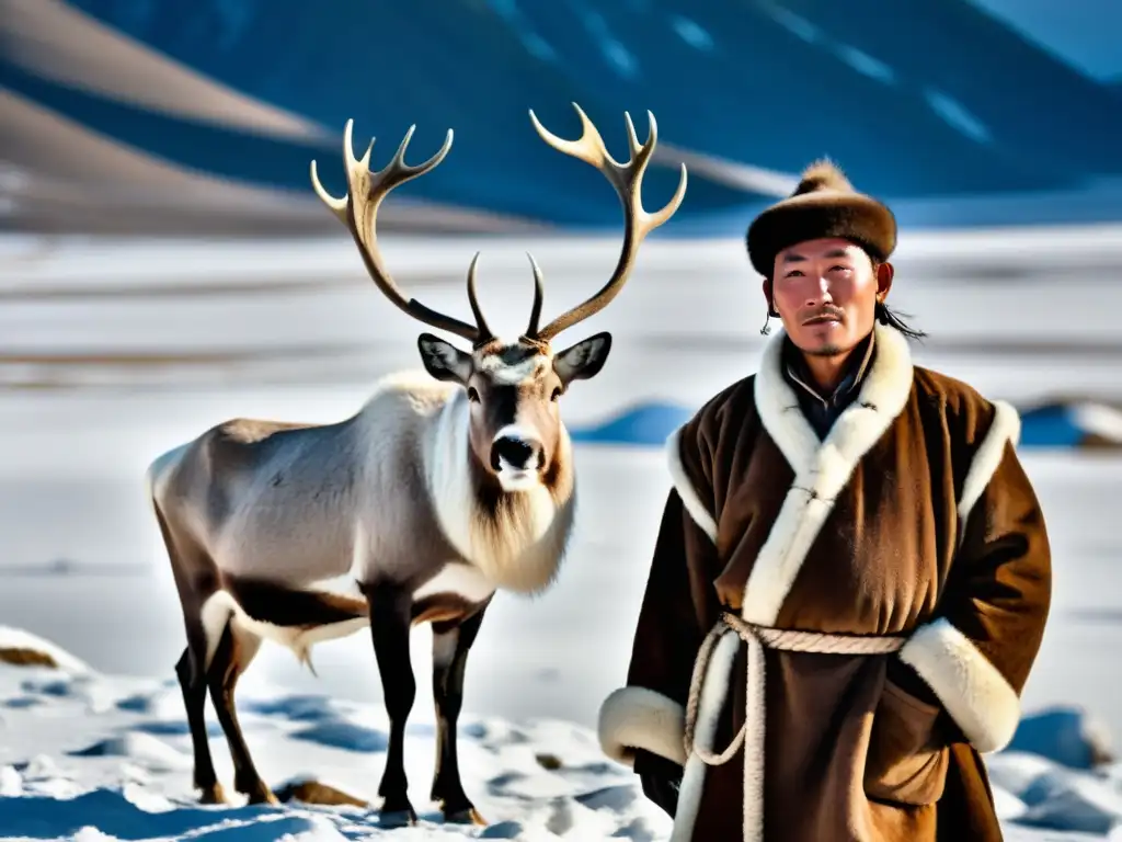 Retrato impactante de un nómada renos Mongolia historia cultura, junto a su majestuoso reno en la vasta y nevada tierra