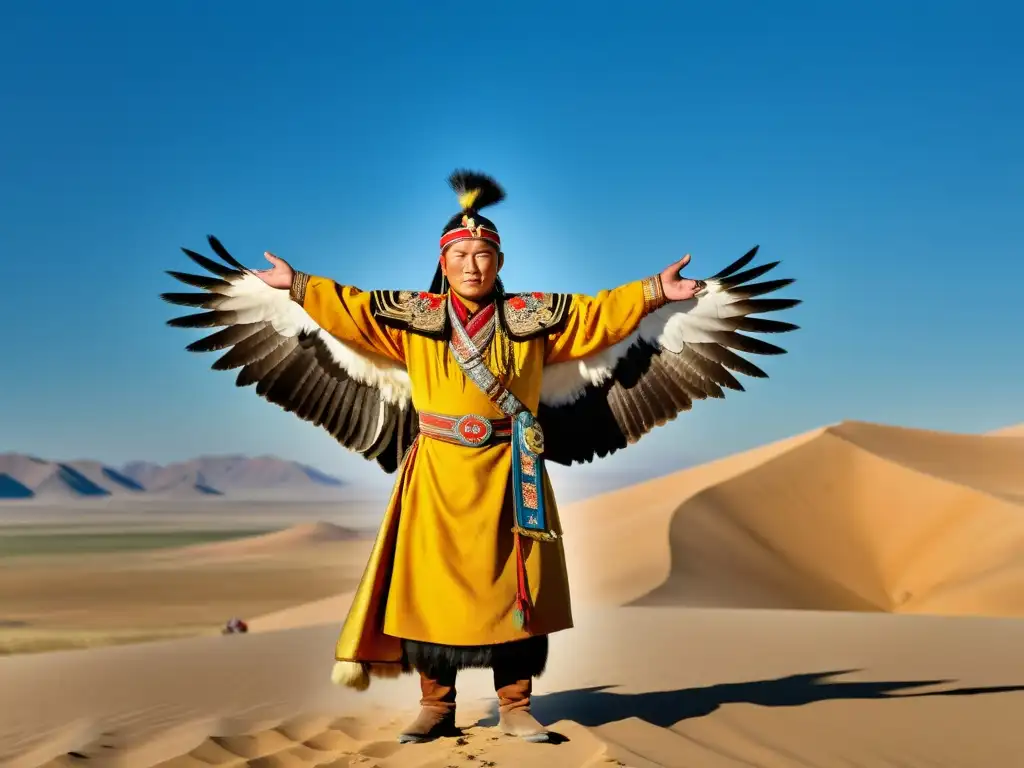 Un retrato impresionante de un cetrero mongol en el vasto desierto del Gobi con su majestuoso águila dorada