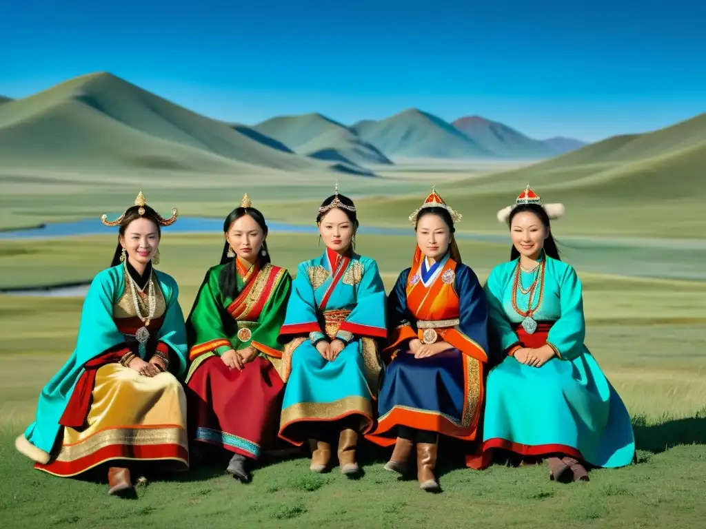 Un retrato impresionante de mujeres vestidas con atuendo tradicional montadas a caballo en la estepa mongol