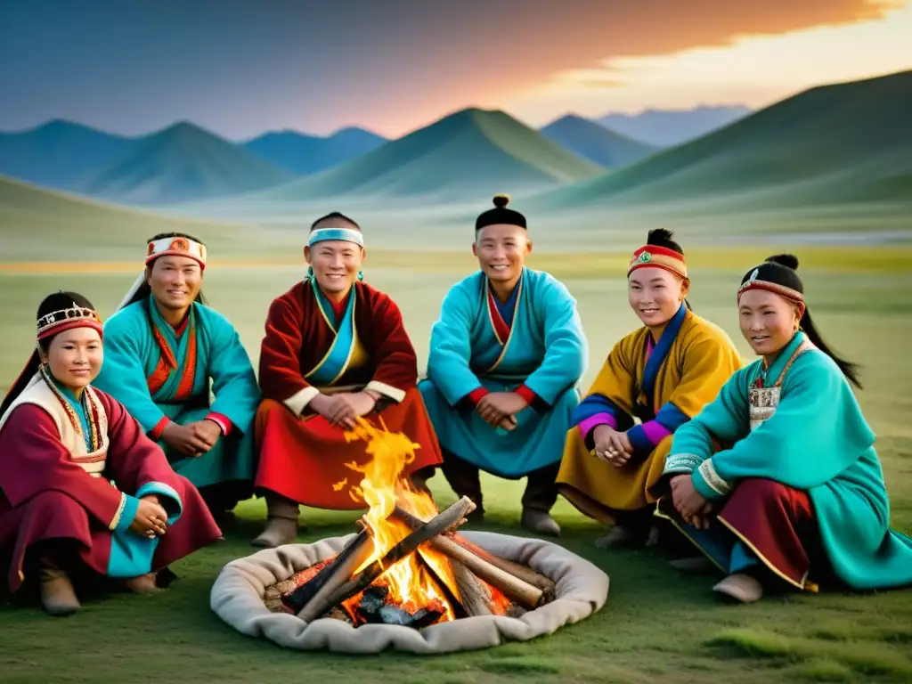 Un retrato impresionante de nómadas mongoles reunidos alrededor de una fogata, vistiendo Deels tradicionales con bordados vibrantes y colores