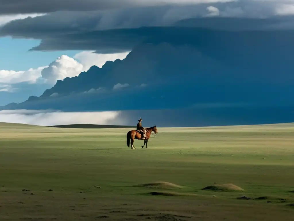 Un retrato de la vasta estepa mongol con un cielo dramático y nubes billantes