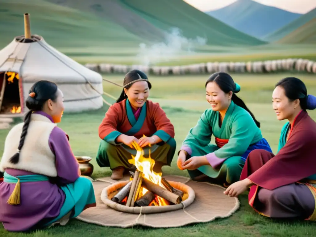 Un retrato vibrante de mujeres mongolas en trajes tradicionales, preparando remedios herbales y discutiendo prácticas de salud, rodeadas de hierbas y telas coloridas, en el paisaje vasto de Mongolia