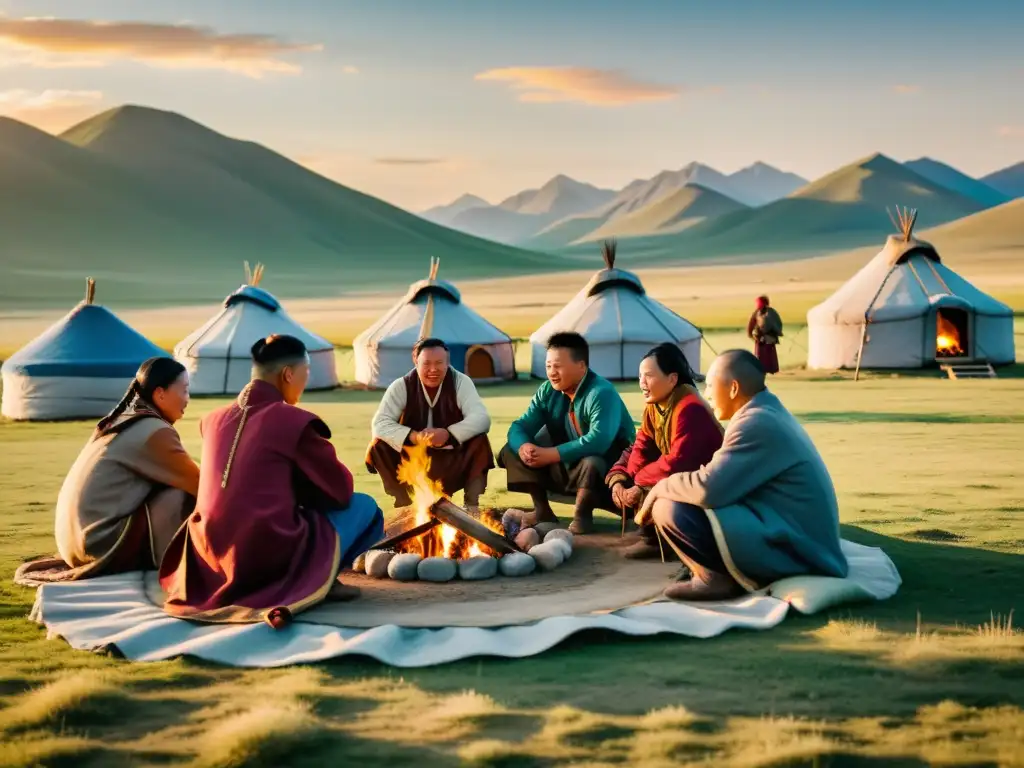 Un retrato vibrante de nómadas mongoles reunidos alrededor de una fogata en la estepa, con yurtas tradicionales y montañas al atardecer