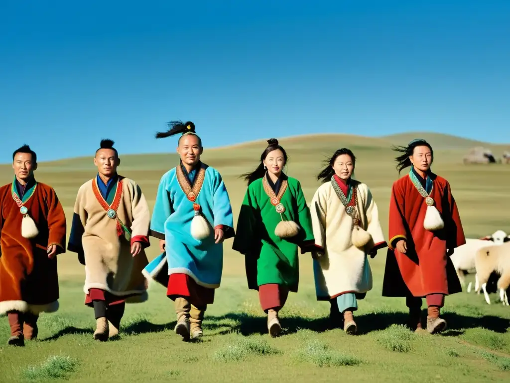 Un retrato de la vida nómada en Mongolia, con pastores vistiendo trajes tradicionales mientras cuidan su ganado en las vastas estepas