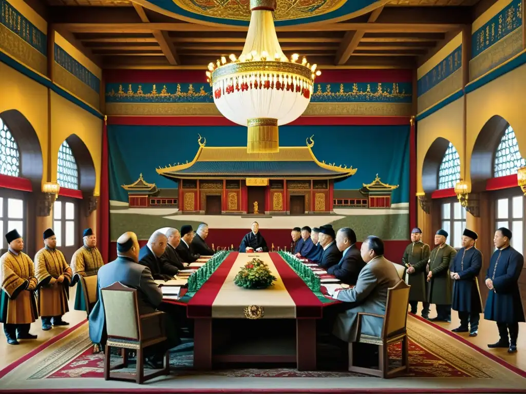 Encuentro diplomático: Embajadores mongoles y europeos en sala medieval Reunión de alianzas diplomáticas mongoles con Europa en un gran salón medieval