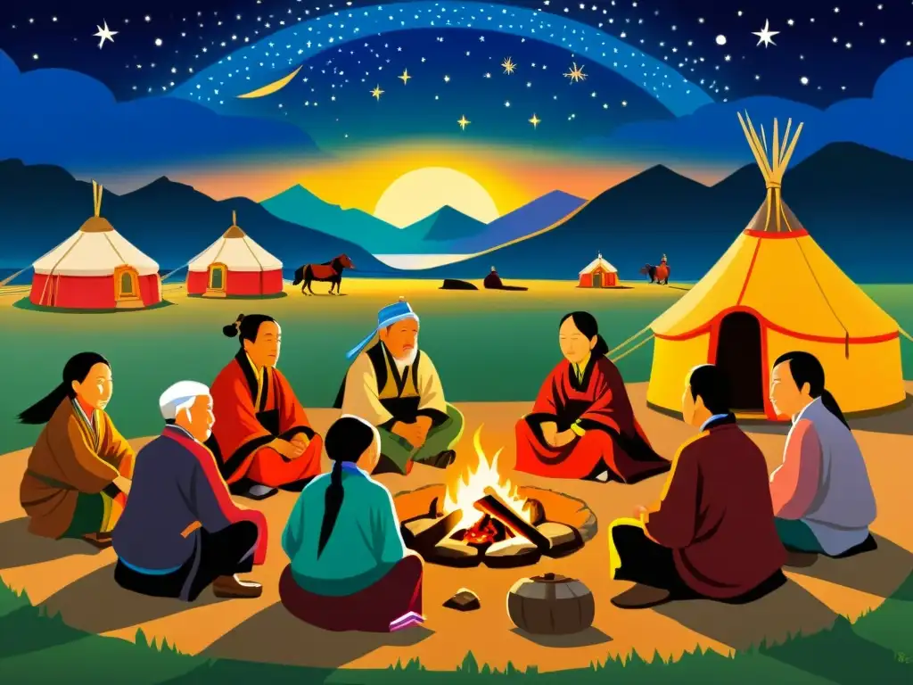 Reunión de ancianos mongoles compartiendo historias alrededor del fuego, en un cuadro detallado y vibrante del Imperio Mongol historia cultura legado