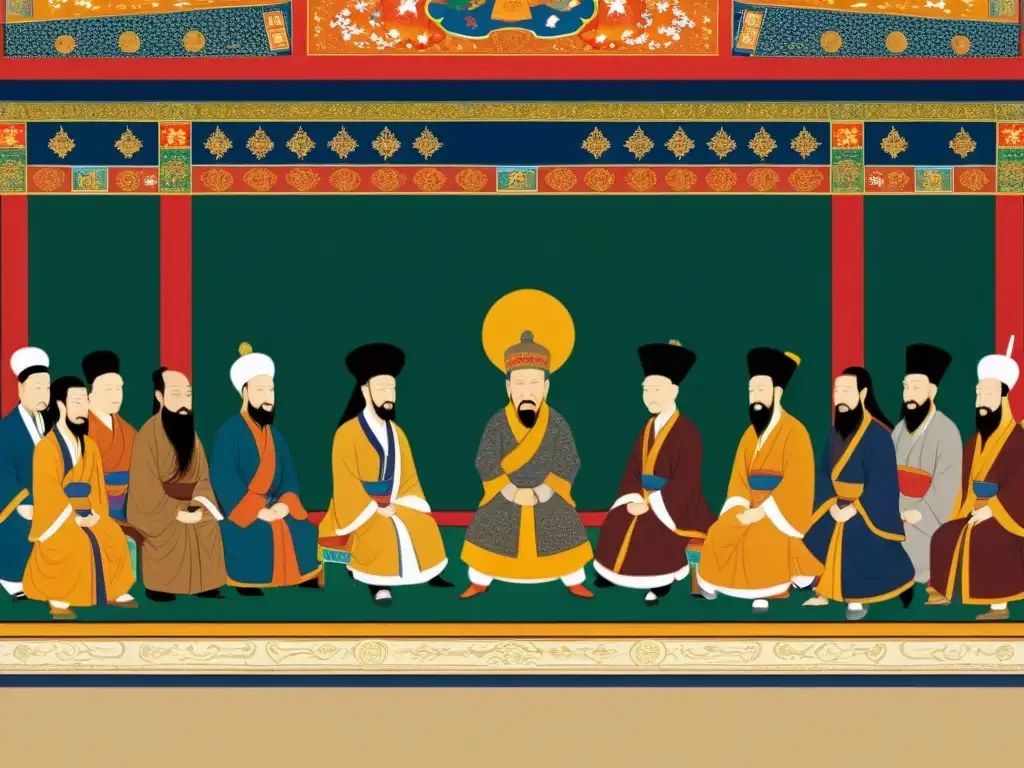 Reunión del líder mongol con representantes religiosos en un elaborado salón