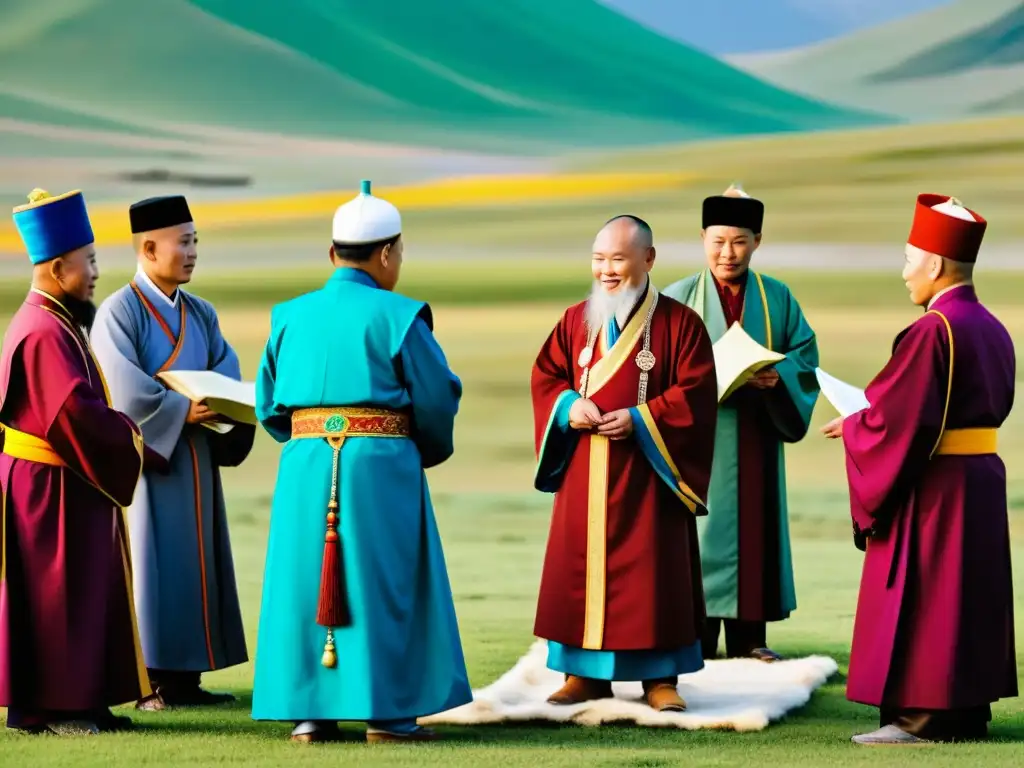 Reunión de líderes religiosos mongoles en armonía con la coexistencia de leyes mongolas y religión, reflejando diversidad cultural y espiritual