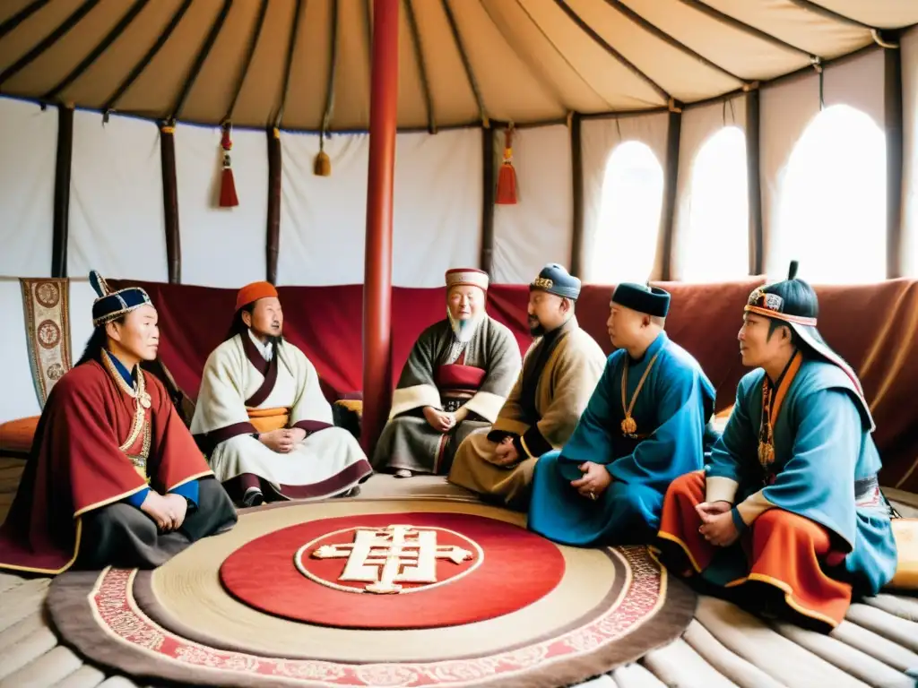 Reunión entre misioneros cristianos y líderes mongoles en yurta tradicional, fomentando intercambio cultural en Medio Oriente Mongol