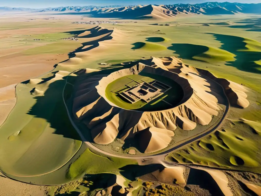 Revelaciones arqueológicas Imperio Mongol: Antiguas ruinas y reliquias dispersas en paisaje desolado, bañadas por la luz del sol en la estepa mongola