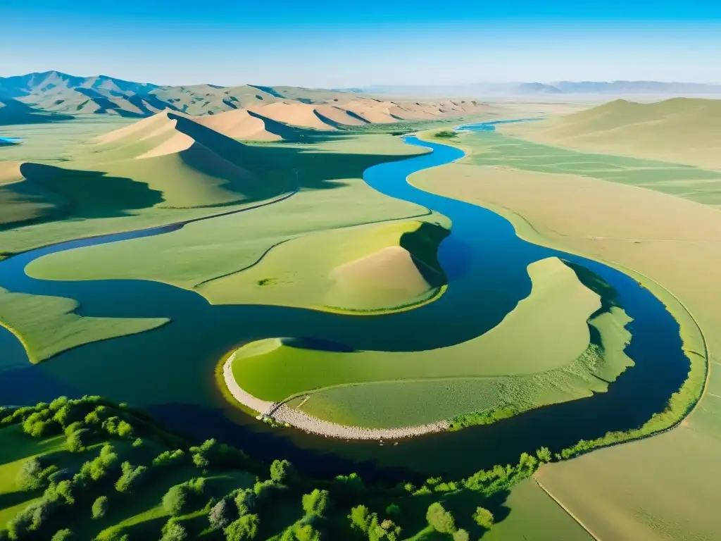 Río Orkhon serpenteando por el exuberante paisaje mongol, con monumentos antiguos en la distancia