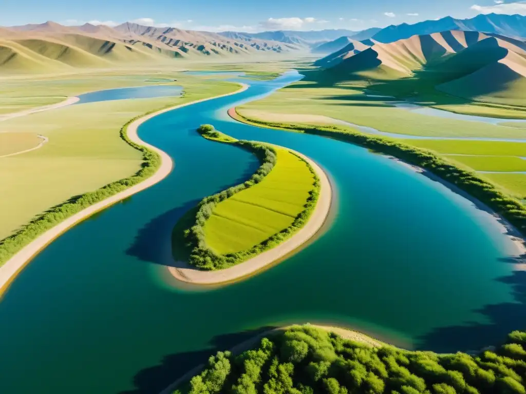 Un río serpenteante corta el paisaje mongol, flanqueado por yurtas y exuberante vegetación