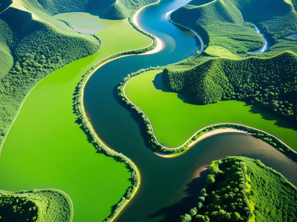 Un río serpenteante fluye entre valles verdes y terreno escarpado, reflejando la luz del sol y creando un efecto brillante que resalta sus patrones