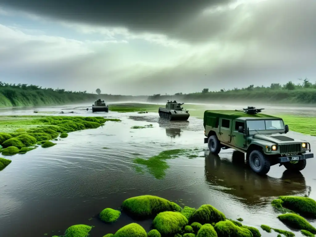 Un río turbio cubierto de algas verdes y desechos, reflejando un cielo nublado