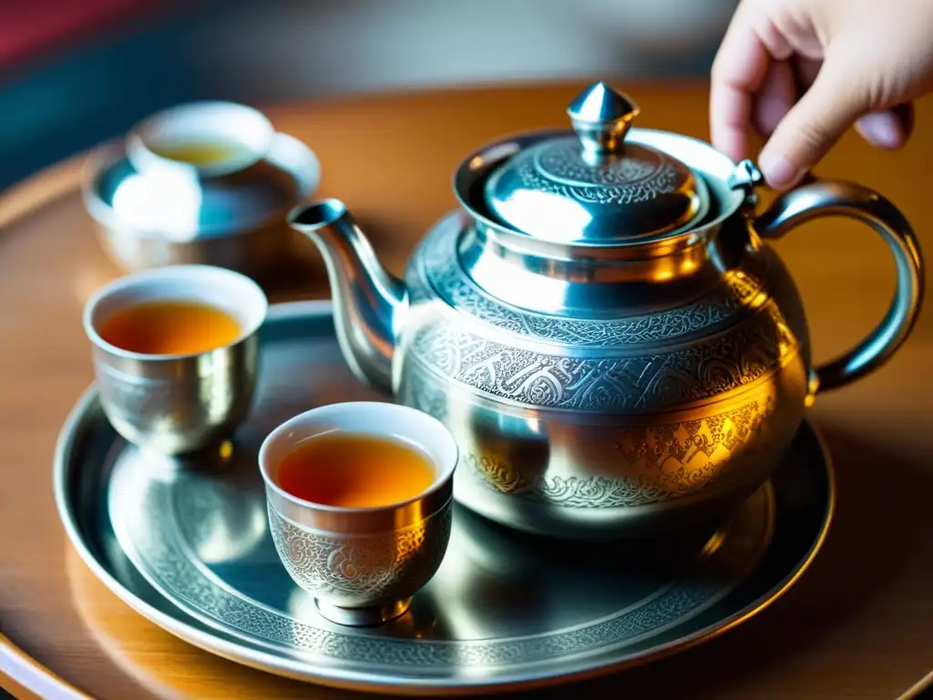 Un ritual de té mongol tradicional auténtico: una tetera de plata, tazas delicadas, y un aroma reconfortante, rodeados de cultura y calidez