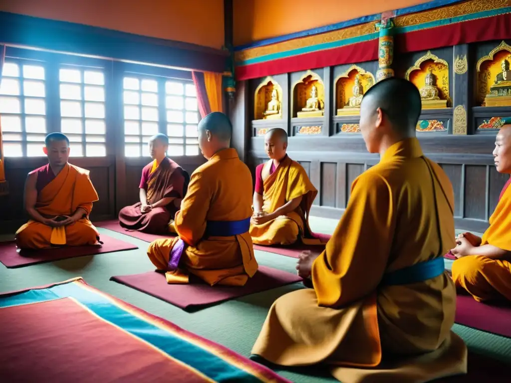 Un ritual budista en un vibrante templo decorado en Mongolia, con monjes en saffron