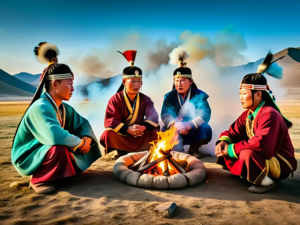 Ritual de chamanes en el Imperio Mongol, invocando la espiritualidad con fuego sagrado, vestimenta colorida y cantos ancestrales