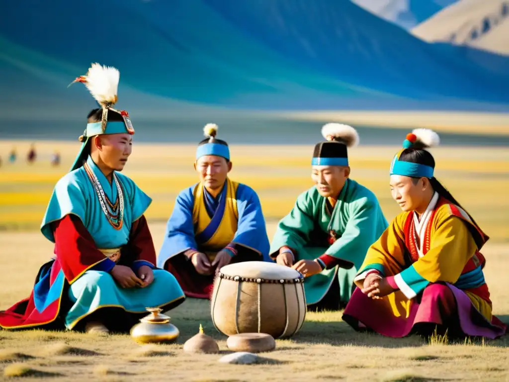 Ritual chamánico en Mongolia contemporáneo: chamanes en coloridos atuendos bailando y cantando en la vasta llanura, rodeados de montañas