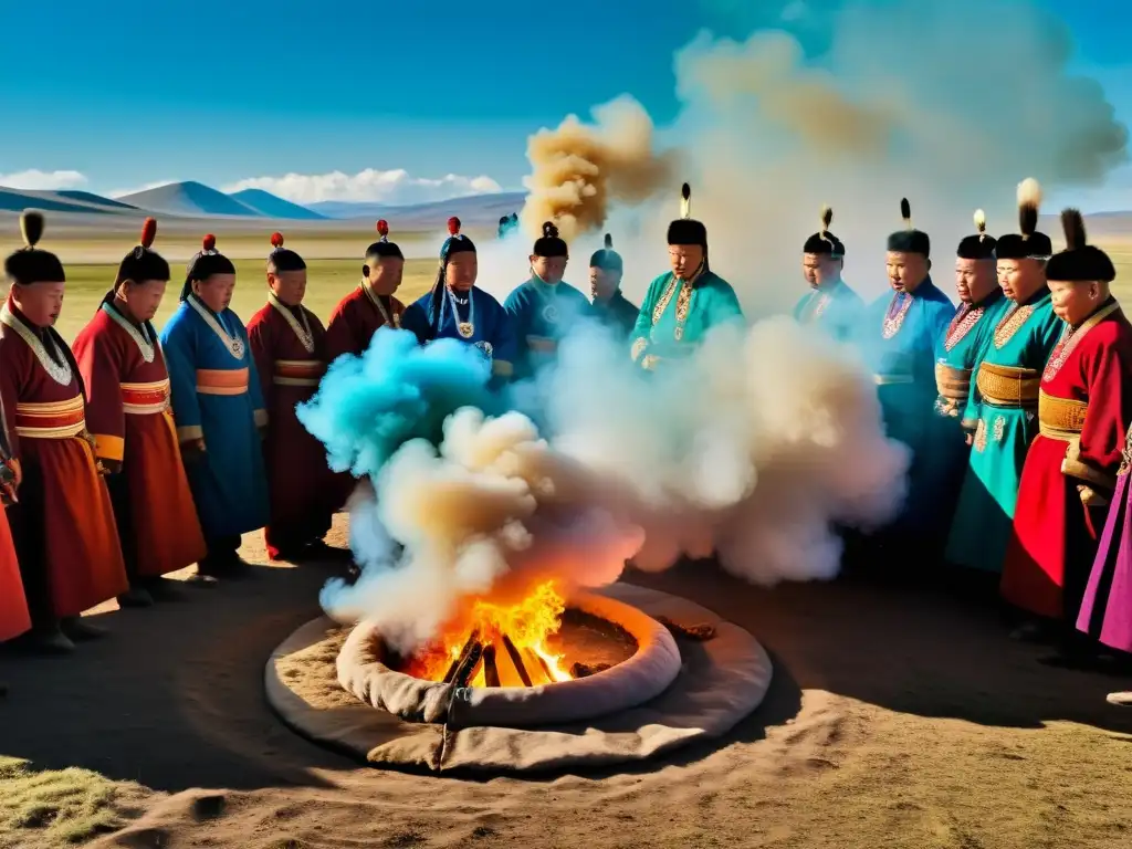 Shamans realizan ritual en Tsagaan Sar, rodeados de onlookers, en un paisaje rural Mongol