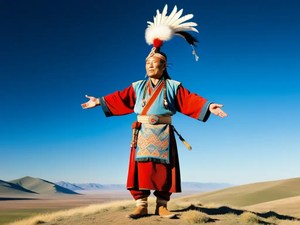 Un chamán nómada mongol realiza un ritual en la vasta estepa, rodeado de naturaleza y espiritualidad, creando una escena serena y mística