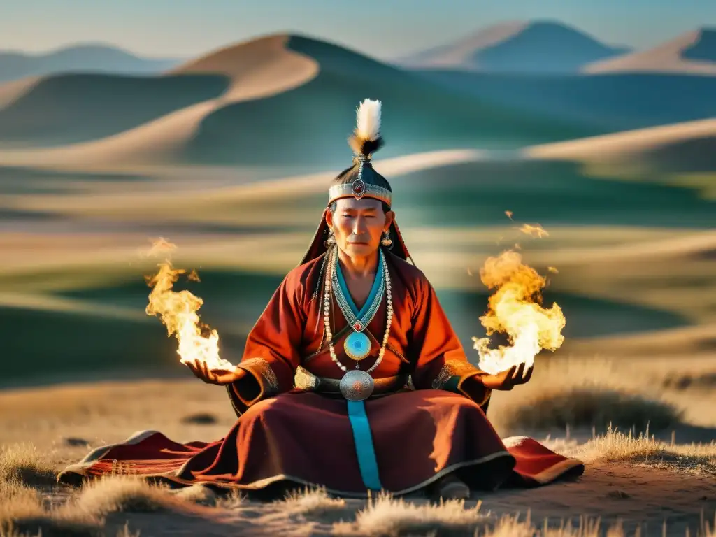 Un shaman Tengrista realiza un ritual en la vasta estepa mongol, con influencia del Tengrismo en religiones