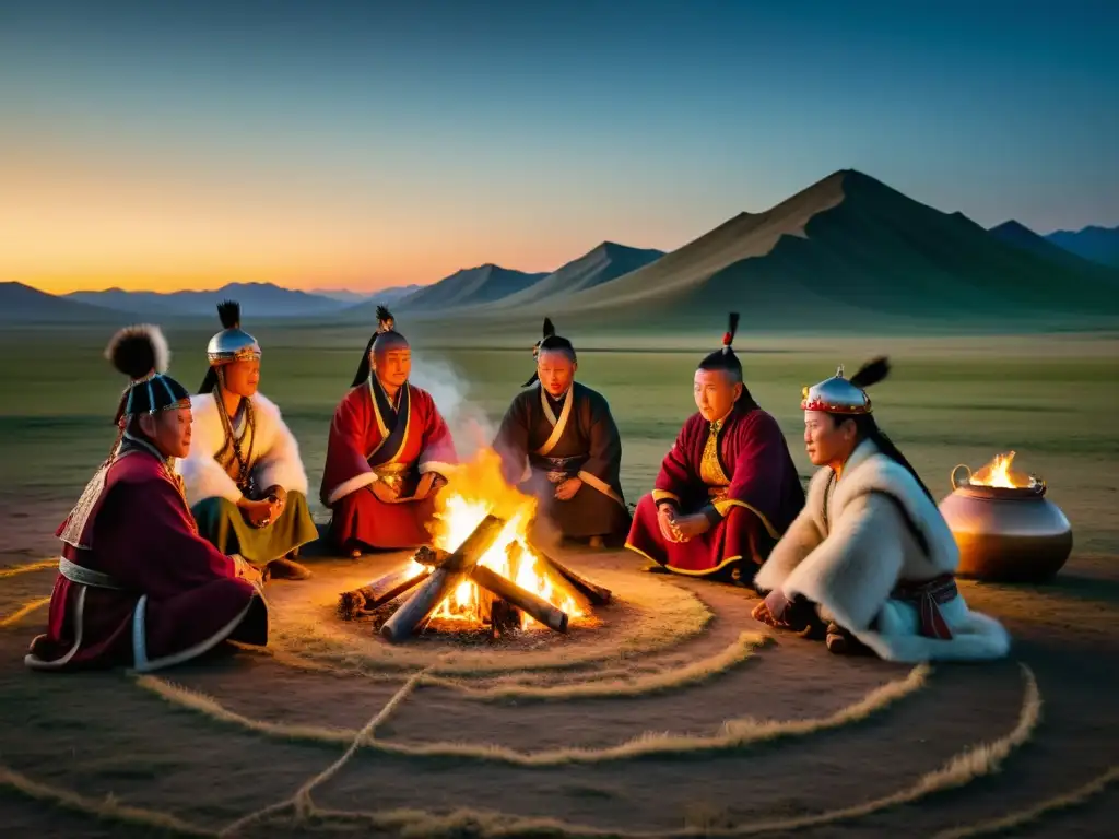 Rituales chamanicos en el Imperio Mongol: Shamans danzando alrededor del fuego en la estepa, con montaña sagrada al fondo